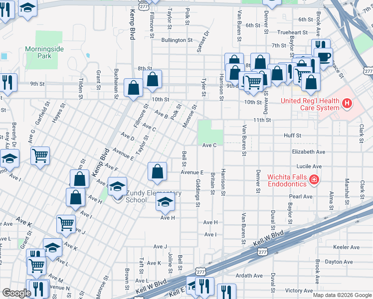 map of restaurants, bars, coffee shops, grocery stores, and more near 2139 Avenue D in Wichita Falls