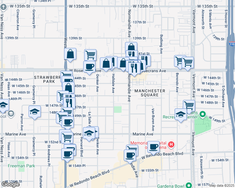 map of restaurants, bars, coffee shops, grocery stores, and more near 1451 West 146th Street in Gardena