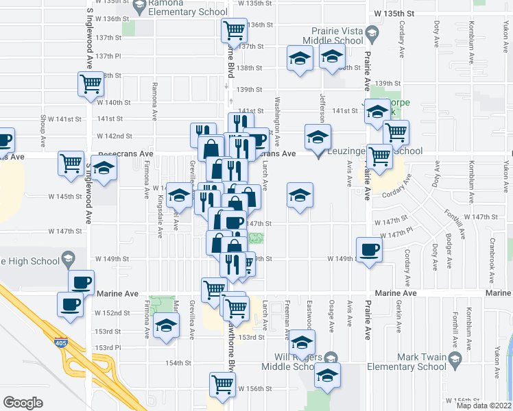 map of restaurants, bars, coffee shops, grocery stores, and more near in Lawndale