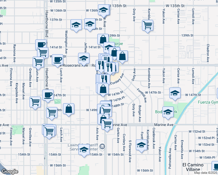 map of restaurants, bars, coffee shops, grocery stores, and more near in Lawndale