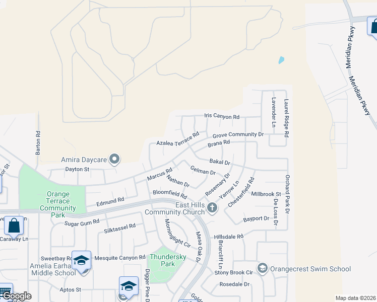 map of restaurants, bars, coffee shops, grocery stores, and more near 20596 Gelman Drive in Riverside