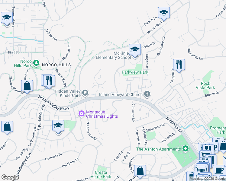 map of restaurants, bars, coffee shops, grocery stores, and more near 1846 Madera Circle in Corona