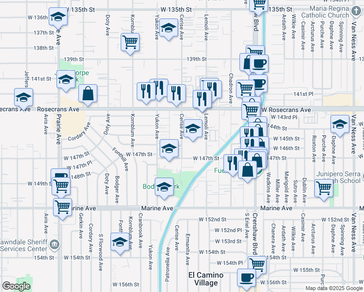 map of restaurants, bars, coffee shops, grocery stores, and more near 3509 West 147th Street in Hawthorne