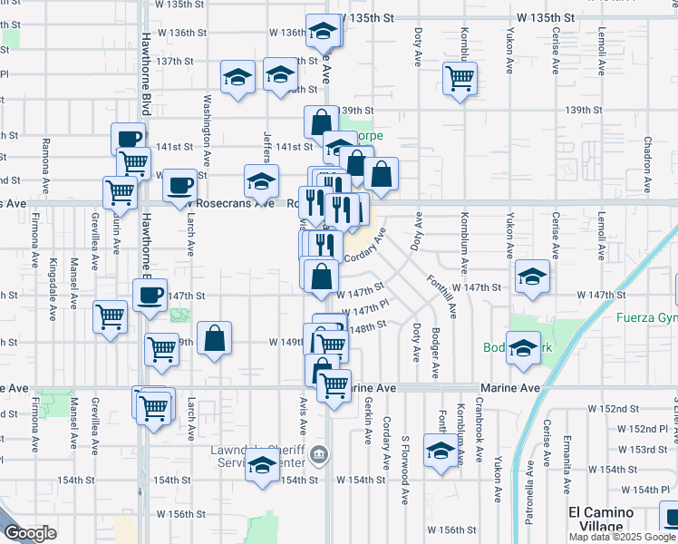 map of restaurants, bars, coffee shops, grocery stores, and more near in Lawndale