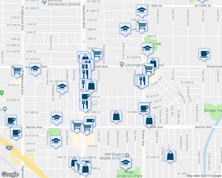 map of restaurants, bars, coffee shops, grocery stores, and more near 4161 West 147th Street in Lawndale