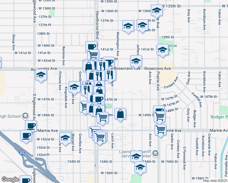 map of restaurants, bars, coffee shops, grocery stores, and more near 4231 West 147th Street in Lawndale