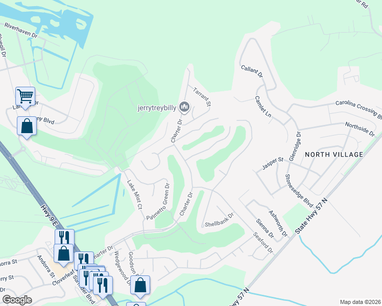 map of restaurants, bars, coffee shops, grocery stores, and more near 484 Charter Drive in Longs