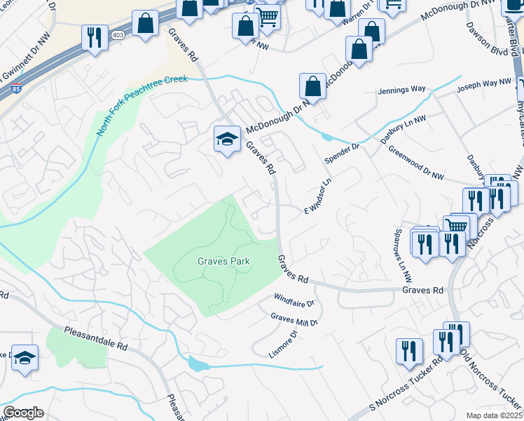 map of restaurants, bars, coffee shops, grocery stores, and more near 6662 Witherington Court Northwest in Norcross