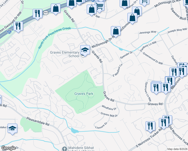map of restaurants, bars, coffee shops, grocery stores, and more near 6677 Witherington Court Northwest in Norcross