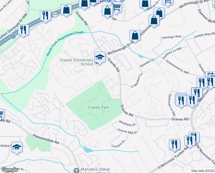 map of restaurants, bars, coffee shops, grocery stores, and more near 6707 Witherington Court Northwest in Norcross