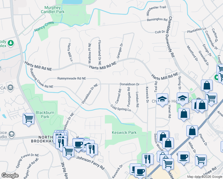 map of restaurants, bars, coffee shops, grocery stores, and more near 3651 Cold Spring Lane in Chamblee