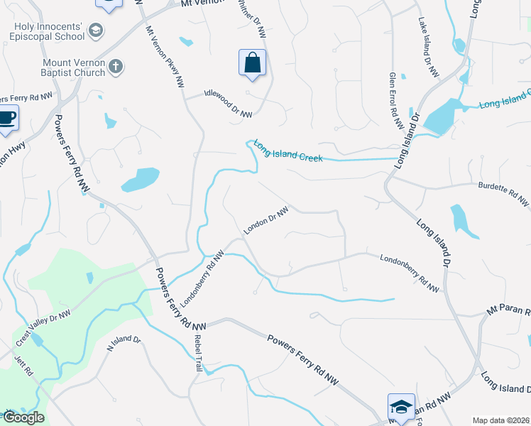 map of restaurants, bars, coffee shops, grocery stores, and more near 5295 London Drive Northwest in Atlanta