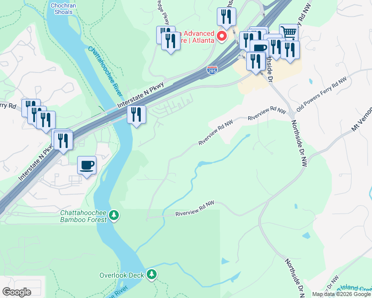 map of restaurants, bars, coffee shops, grocery stores, and more near 5091 Riverview Road Northwest in Sandy Springs