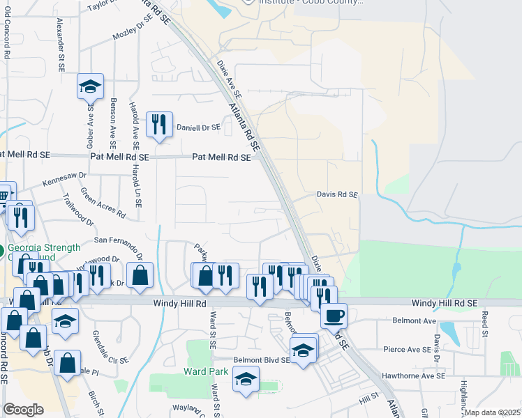 map of restaurants, bars, coffee shops, grocery stores, and more near 915 Woodland Trail in Smyrna