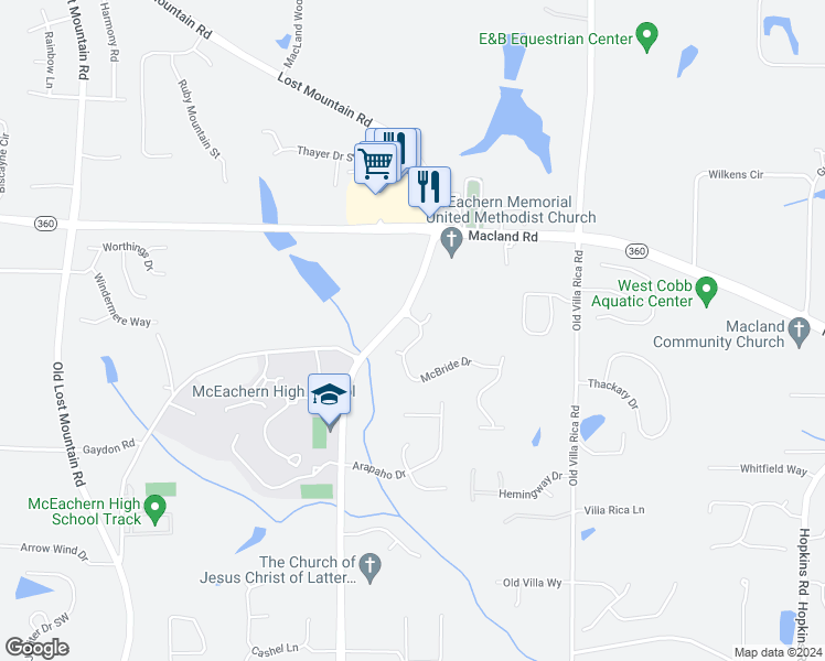 map of restaurants, bars, coffee shops, grocery stores, and more near 4187 McBride Drive in Powder Springs