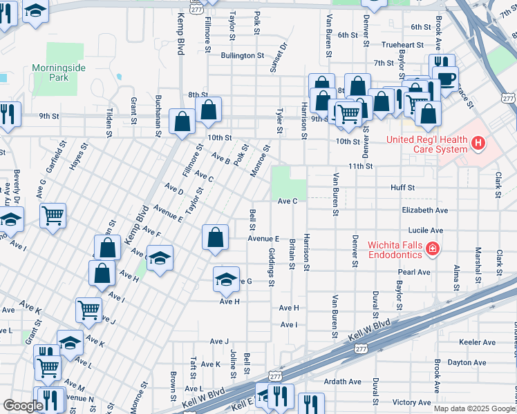 map of restaurants, bars, coffee shops, grocery stores, and more near 2139 Avenue D in Wichita Falls