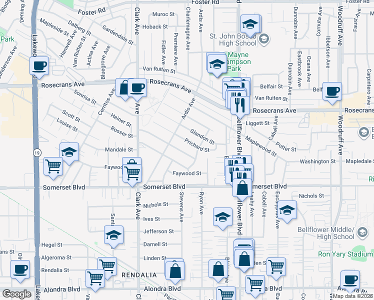 map of restaurants, bars, coffee shops, grocery stores, and more near 9545 Heiner Street in Bellflower