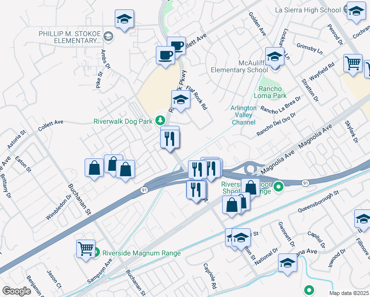 map of restaurants, bars, coffee shops, grocery stores, and more near 11840 Pierce Street in Riverside