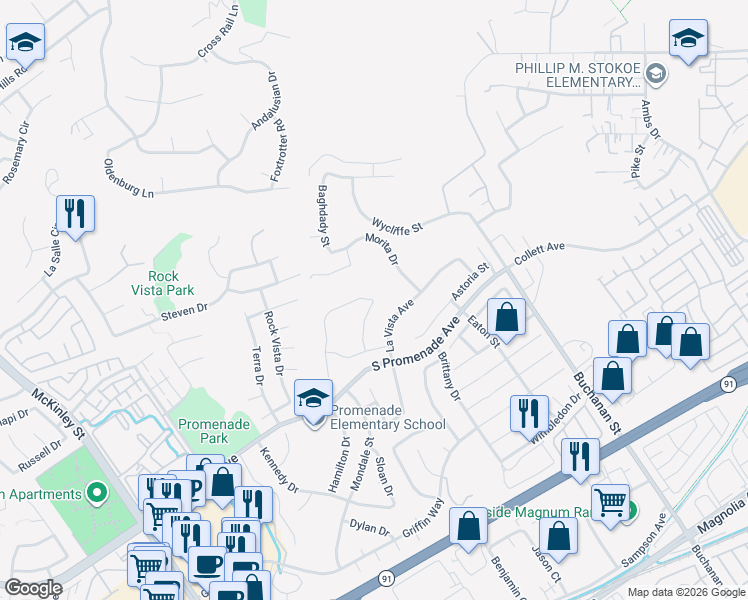 map of restaurants, bars, coffee shops, grocery stores, and more near 744 La Cumbre Street in Corona