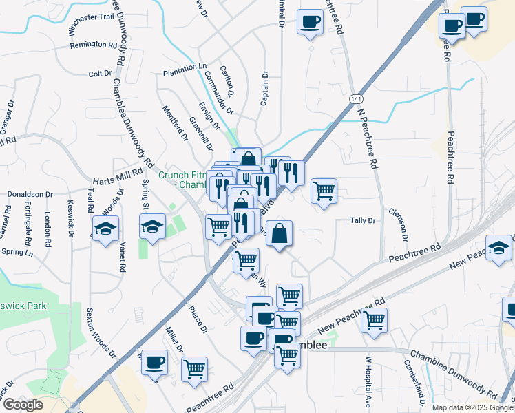 map of restaurants, bars, coffee shops, grocery stores, and more near 5622 Peachtree Boulevard in Chamblee