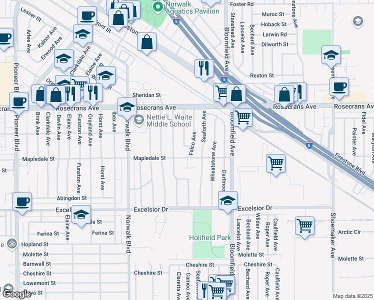 map of restaurants, bars, coffee shops, grocery stores, and more near 14533 Cameo Avenue in Norwalk