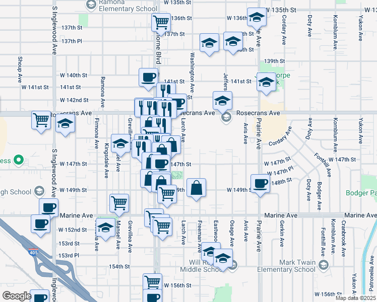 map of restaurants, bars, coffee shops, grocery stores, and more near 14526 Larch Avenue in Lawndale