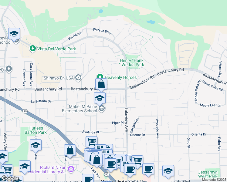 map of restaurants, bars, coffee shops, grocery stores, and more near 18361 Iris Lane in Yorba Linda