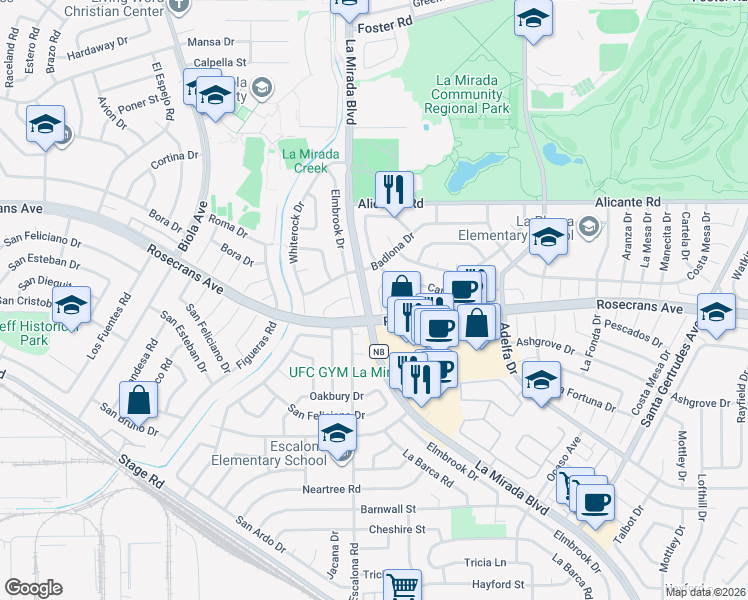 map of restaurants, bars, coffee shops, grocery stores, and more near 14600 La Mirada Boulevard in La Mirada