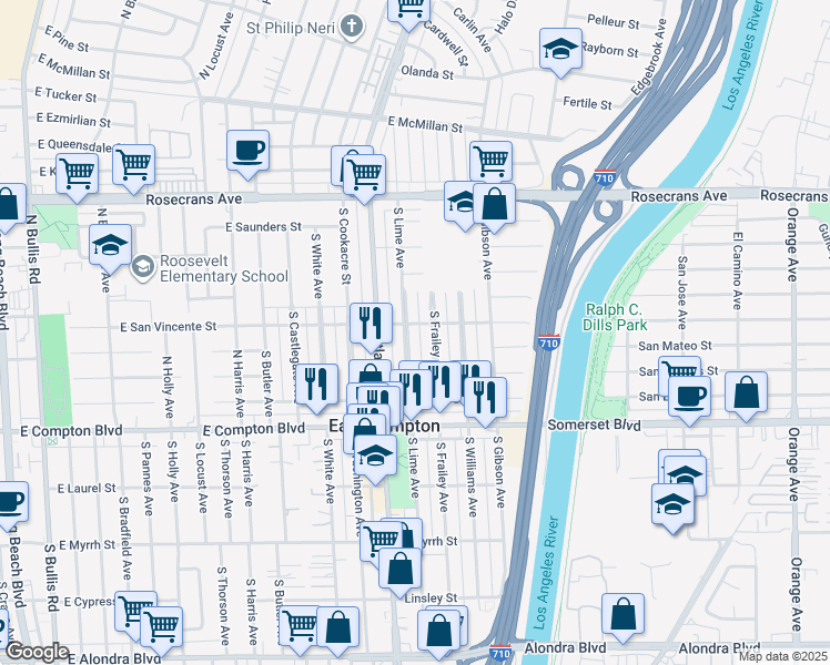 map of restaurants, bars, coffee shops, grocery stores, and more near 14812 South Lime Avenue in Compton