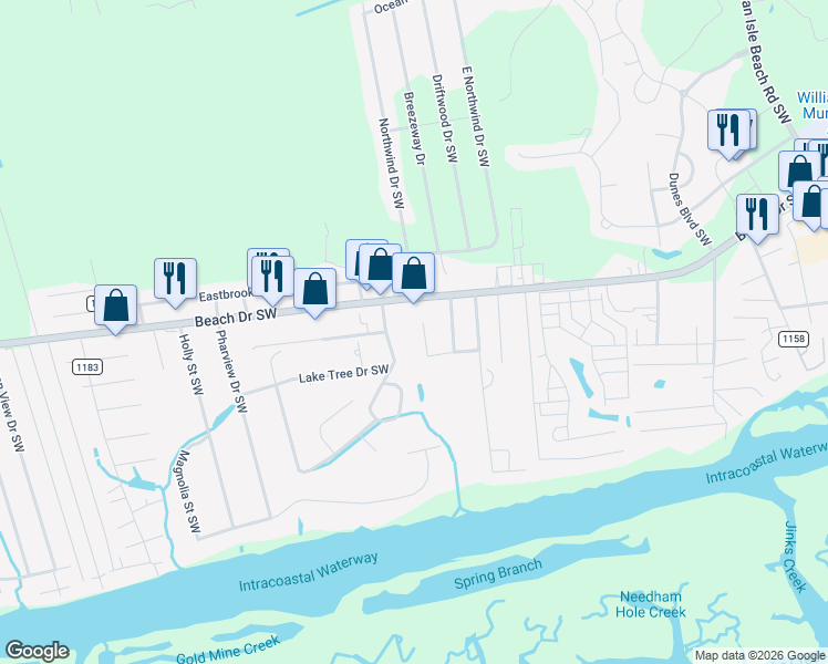 map of restaurants, bars, coffee shops, grocery stores, and more near 1653 Lake Tree Dr SW in Ocean Isle Beach