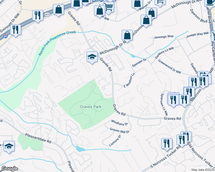 map of restaurants, bars, coffee shops, grocery stores, and more near 6662 Witherington Court Northwest in Norcross