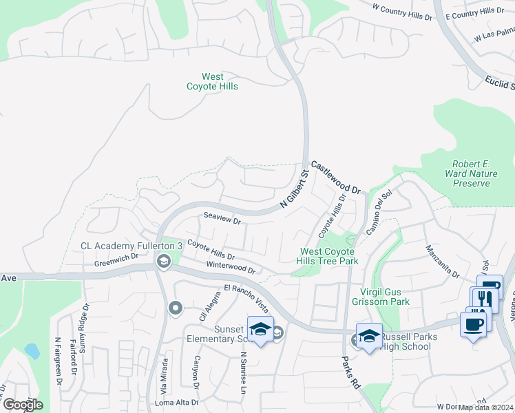 map of restaurants, bars, coffee shops, grocery stores, and more near 1860 Brooke Lane in Fullerton