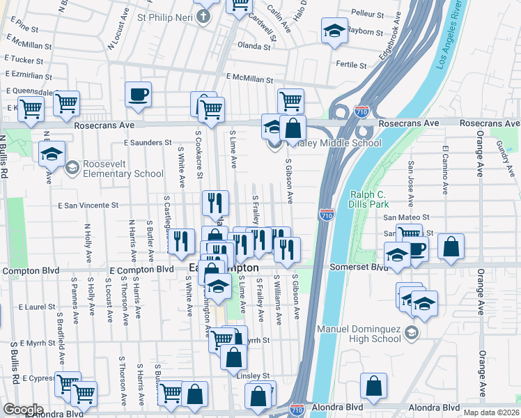 map of restaurants, bars, coffee shops, grocery stores, and more near 14708 South Frailey Avenue in Compton