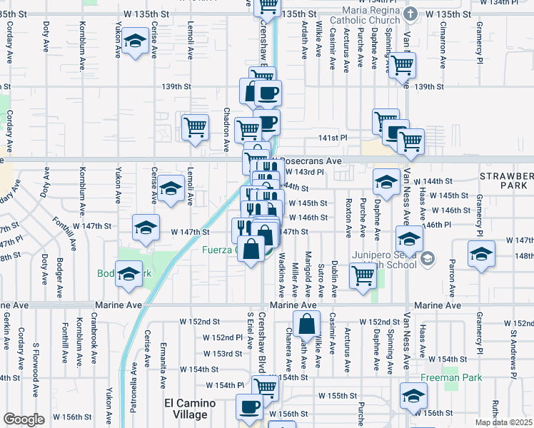 map of restaurants, bars, coffee shops, grocery stores, and more near in El Camino Village