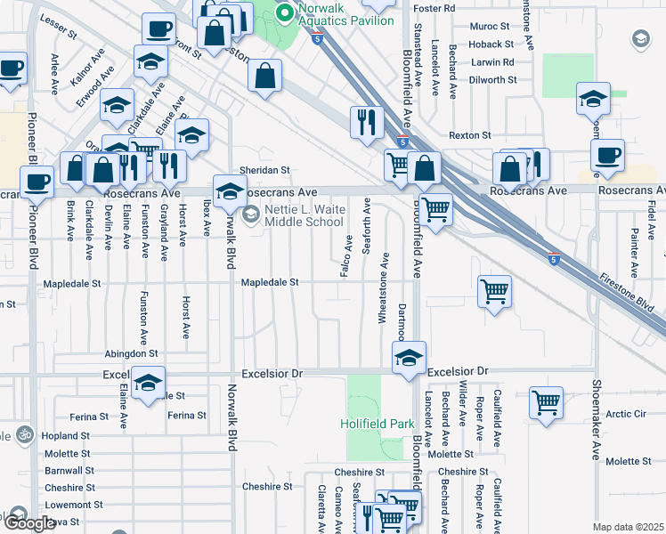 map of restaurants, bars, coffee shops, grocery stores, and more near 12450 Mapledale Street in Norwalk