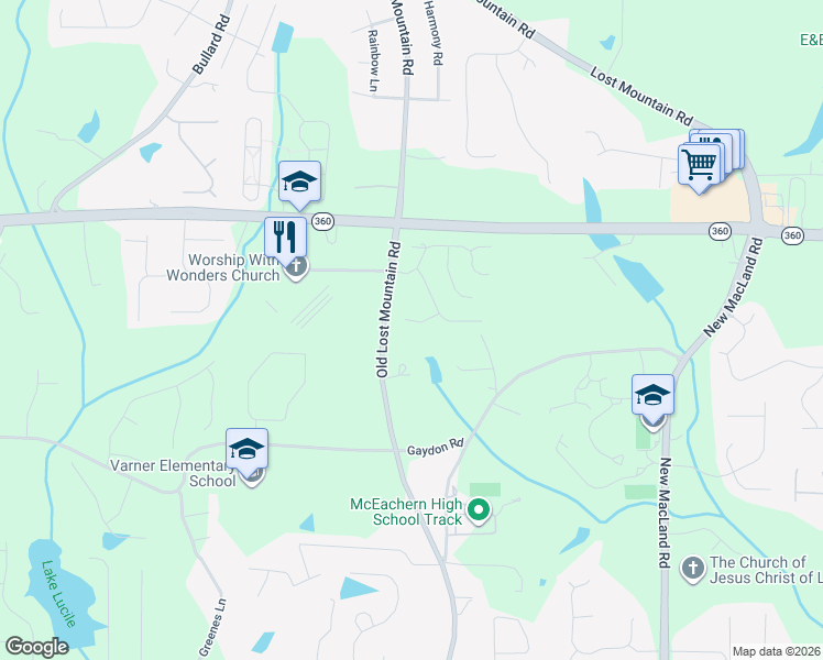 map of restaurants, bars, coffee shops, grocery stores, and more near 4481 Abby Grove Court in Powder Springs