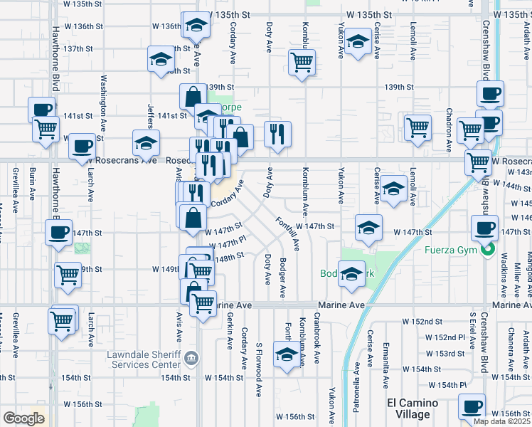 map of restaurants, bars, coffee shops, grocery stores, and more near 14718 Bodger Avenue in Hawthorne