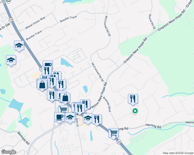 map of restaurants, bars, coffee shops, grocery stores, and more near 2101 Ecoland Drive in Grayson