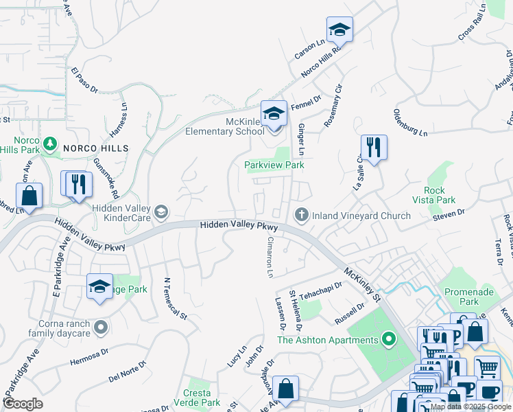 map of restaurants, bars, coffee shops, grocery stores, and more near 1010 La Terraza Circle in Corona