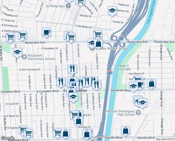 map of restaurants, bars, coffee shops, grocery stores, and more near 14708 South Frailey Avenue in Compton