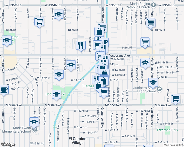 map of restaurants, bars, coffee shops, grocery stores, and more near 14526 Chadron Avenue in Gardena