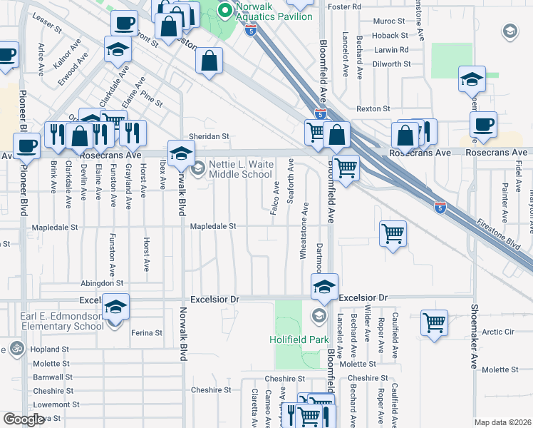 map of restaurants, bars, coffee shops, grocery stores, and more near 14533 Cameo Avenue in Norwalk