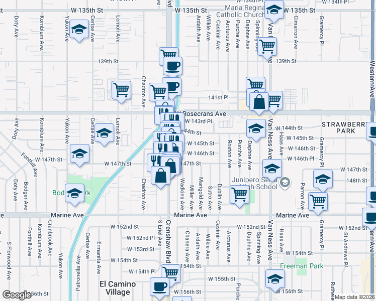 map of restaurants, bars, coffee shops, grocery stores, and more near 2817 West 146th Street in Gardena