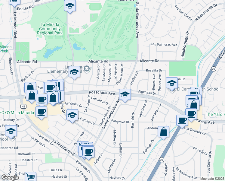 map of restaurants, bars, coffee shops, grocery stores, and more near 14601 Algeciras Drive in La Mirada
