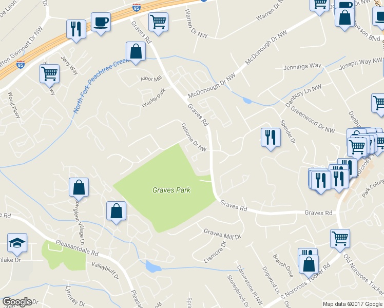 map of restaurants, bars, coffee shops, grocery stores, and more near 6677 Witherington Court Northwest in Norcross