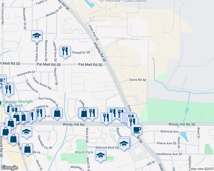 map of restaurants, bars, coffee shops, grocery stores, and more near 915 Woodland Trail in Smyrna