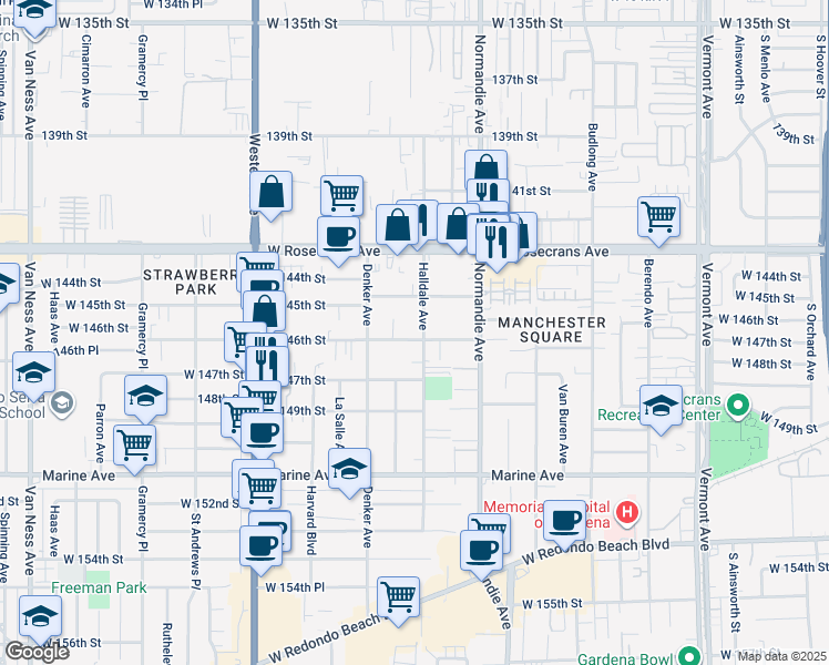 map of restaurants, bars, coffee shops, grocery stores, and more near 1507 West 146th Street in Gardena