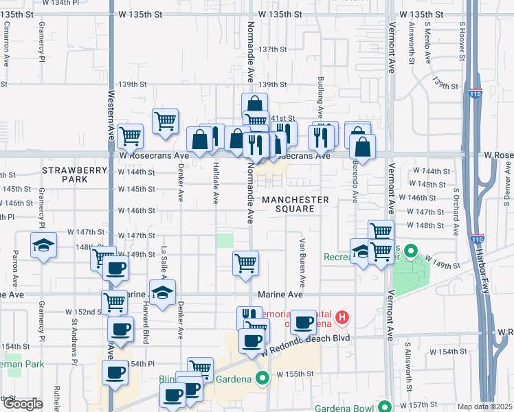 map of restaurants, bars, coffee shops, grocery stores, and more near 14526 Normandie Avenue in Gardena