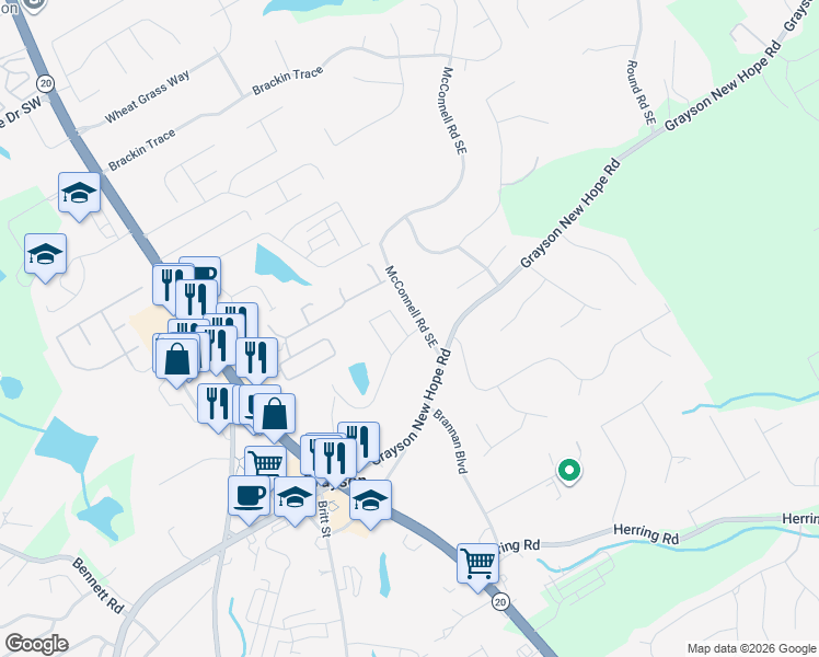 map of restaurants, bars, coffee shops, grocery stores, and more near 2101 Ecoland Drive in Grayson