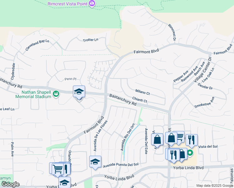 map of restaurants, bars, coffee shops, grocery stores, and more near 20098 Livorno Lane in Yorba Linda